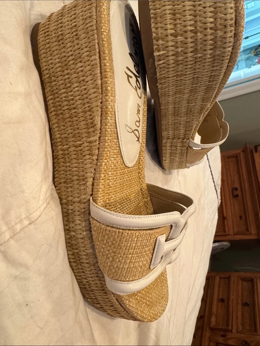 Sam Edelman Natural Raffia Wedge Sandals with White Trim